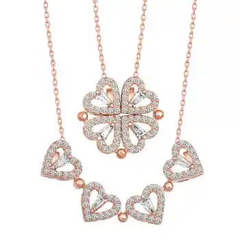 Gümüş Rose Kalpli Açılabilen Yonca Kadın Kolye