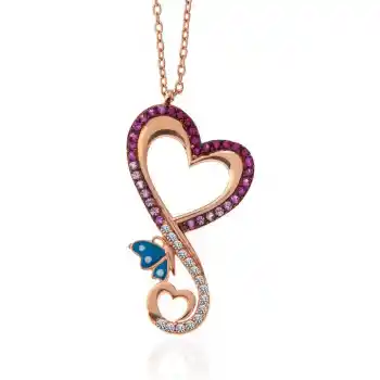 Gümüş Rose Kalpli Kelebek Kadın Kolye