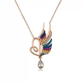 ​​Gümüş Rose Kanatlı Kalp Bayan Kolye