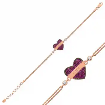 Gümüş Rose Kırmızı Kalp İsimli Bayan Bileklik