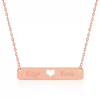 Gümüş Rose Kişiye Özel İsimli Çubuk Kalp Kolye