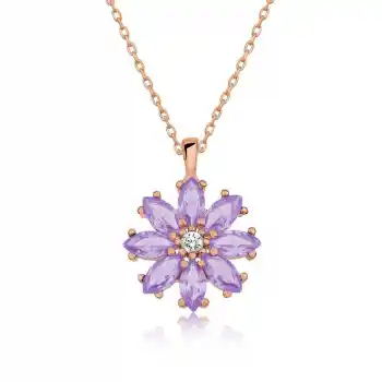 Gümüş Rose Lila Çiçek Kolye