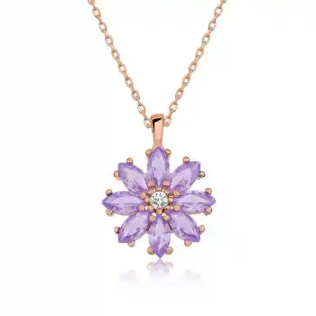 Gümüş Rose Lila Çiçek Kolye