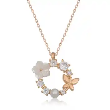 Gümüş Rose Manolya Çiçeği Kelebek Kadın Kolye