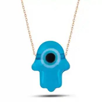 Gümüş Rose Mavi Nazarlı Cam Fatma Ana Eli Kadın Kolye