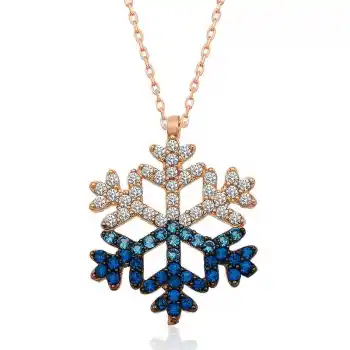 Gümüş Rose Mavi Taşlı Kar Tanesi Kolye