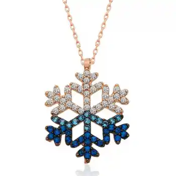 Gümüş Rose Mavi Taşlı Kar Tanesi Kolye