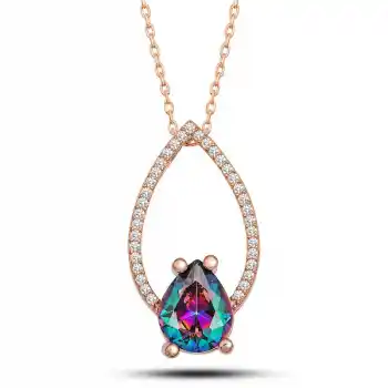 Gümüş Rose Mistik Topaz Taşlı Damla Kadın Kolye
