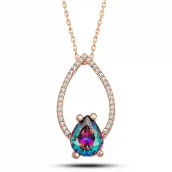 Gümüş Rose Mistik Topaz Taşlı Damla Kadın Kolye