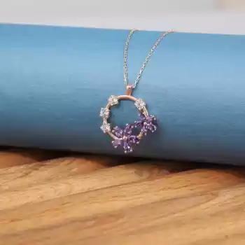 Gümüş Rose Mor Çiçek KadIn Kolye