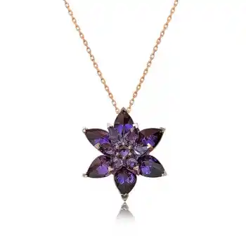 Gümüş Rose Mor Lotus Çiçeği Kolye