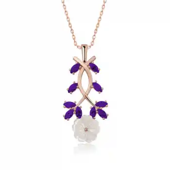 Gümüş Rose Mor Yapraklı Bahar Çiçeği Kolye