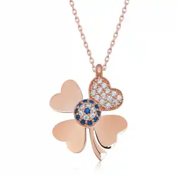 Gümüş Rose Nazarlı Dört Yapraklı Yonca Kadın Kolye