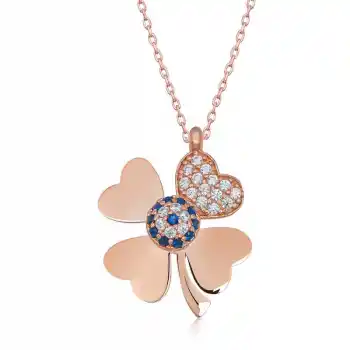 Gümüş Rose Nazarlı Dört Yapraklı Yonca Kadın Kolye