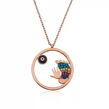 Gümüş Rose Nazarlı El ve Ayak İzi Bayan Kolye