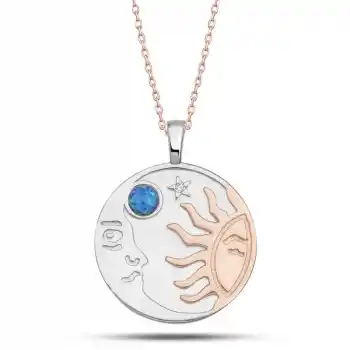 Gümüş Rose Opal Mavi Taşlı Ay Güneş Kadın Kolye
