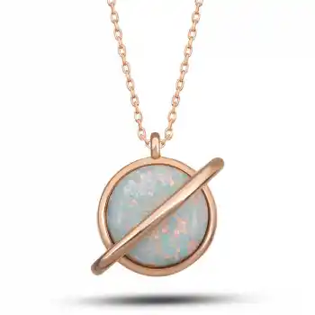 Gümüş Rose Opal Taşlı Gezegen Kadın Kolye