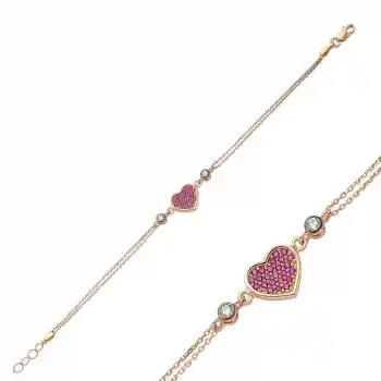Gümüş Rose Pembe Kalpli Bayan Bileklik