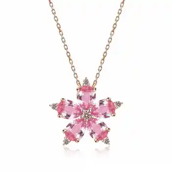 Gümüş Rose Pembe Kamelya Çiçeği Kolye