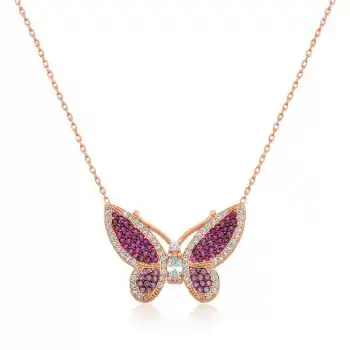 Gümüş Rose Pembe Kelebek Bayan Kolye