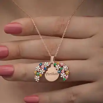 Gümüş Rose Renkli Çiçek Kişiye Özel Kadın Kolye