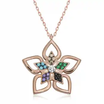 ​Gümüş Rose Renkli Taşlı Çiçek Kadın Kolye