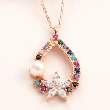 Gümüş Rose Renkli Taşlı Çiçekli Kadın Kolye