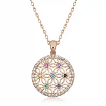 Gümüş Rose Renkli Taşlı Yaşam Çiçeği Kadın Kolye