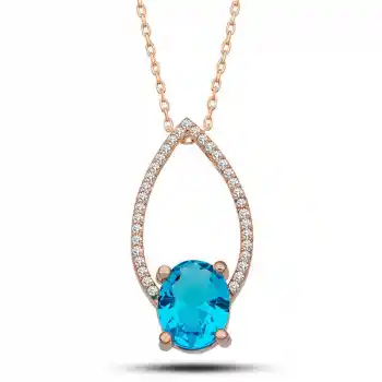 Gümüş Rose Turkuaz Oval Taşlı Kadın Kolye