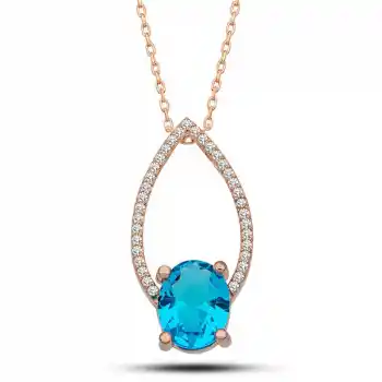 Gümüş Rose Turkuaz Oval Taşlı Kadın Kolye