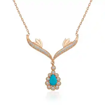 Gümüş Rose Turkuaz Taşlı Madalyon Bayan Kolye