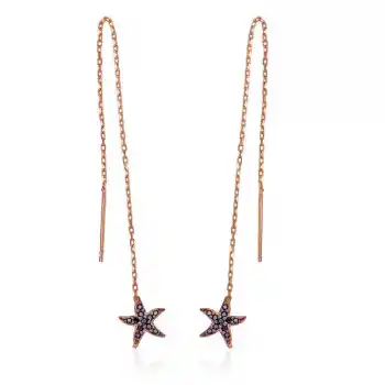 Gümüş Siyah Taşlı Deniz Yıldızı Zincirli Küpe