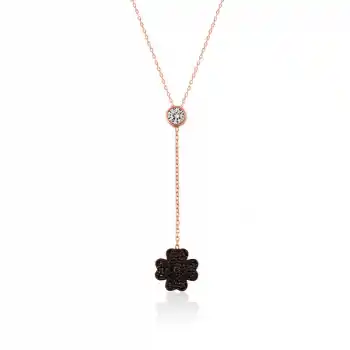 Gümüş Siyah Yonca Bayan Kolye