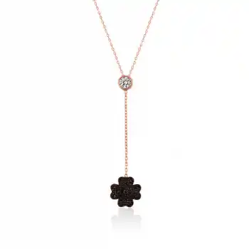 Gümüş Siyah Yonca Bayan Kolye