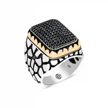 Gümüş Siyah Zirkon Taşlı Kare Erkek Yüzük