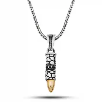 Gümüş Siyah Zirkon Taşlı Mermi Erkek Kolye