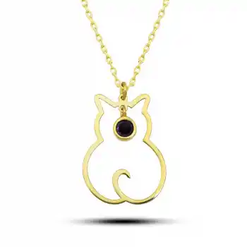 Gümüş Şubat Ayı Doğum Taşı Kedi Kadın Kolye