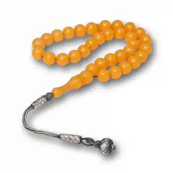 Gümüş Top Kazaz Püsküllü Sarı Yuvarlak Sıkma Kehribar Tesbih