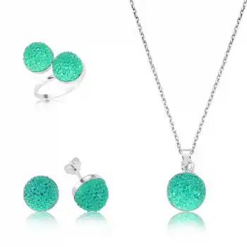 Gümüş Yeşil Kristal Taşlı Bayan Set