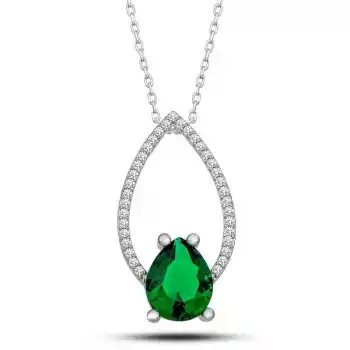 Gümüş Yeşil Taşlı Damla Kadın Kolye