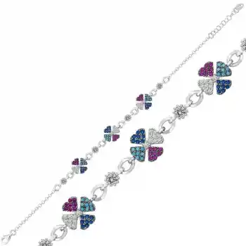 Gümüş Yonca Renkli Bayan Bileklik