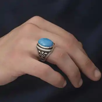 Gümüş Zirkon Turkuaz Taşlı Oval Erkek Yüzük