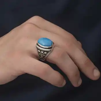 Gümüş Zirkon Turkuaz Taşlı Oval Erkek Yüzük