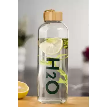 H2o Borosilikat Cam Matara Vakum Kapaklı Su Şişesi Suluk Bambu Kapaklı 1000 Ml