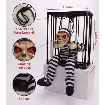 Hareketli Sesli Sensörlü Mahkum Görünümlü Kuru Kafa İskelet Dekorasyon 22x27 cm