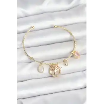 Hayat Ağacı Charmlı Gold Renk Pirinç Kadın Bileklik