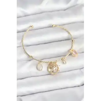 Hayat Ağacı Charmlı Gold Renk Pirinç Kadın Bileklik