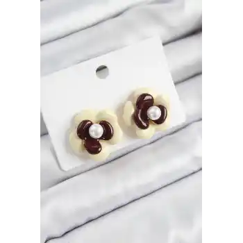 İnci Detaylı Krem Kahverengi Renk Papatya Model Kadın Küpe