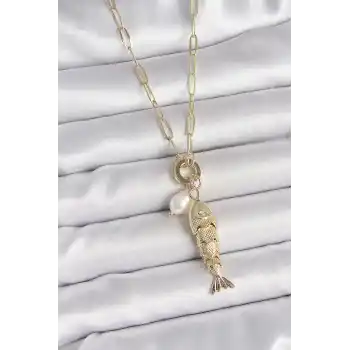 İnci Detaylı Zirkon Taşlı Balık Figürlü Gold Renk Pirinç Kolye
