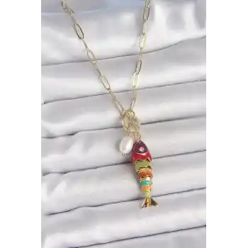 İnci Detaylı Zirkon Taşlı Rainbow Balık Figürlü Gold Renk Pirinç Kolye